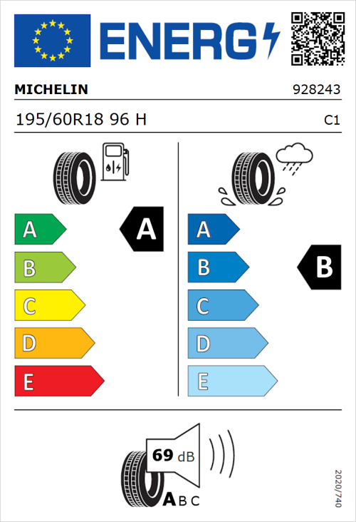 Tyre Label for Michelin e.primacy 195/60R18 96H